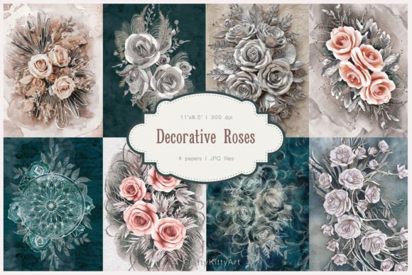 Decorative Roses Junk Journal Pages Kit